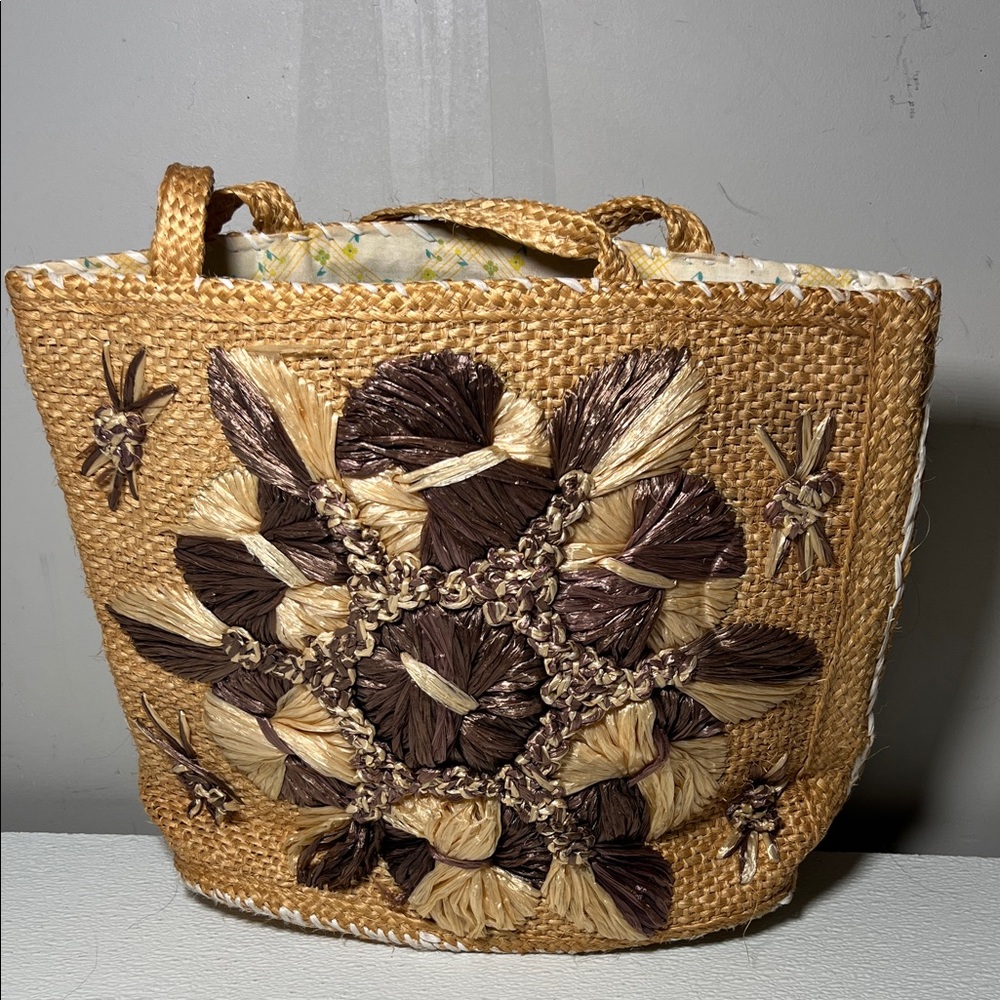Vintage Woven Purse Tote Raffia Rattan Straw Wicker Beach Bag